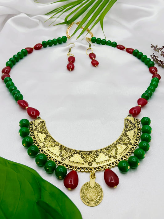 Green and Red Beaded Necklace Set with Gold Pendant