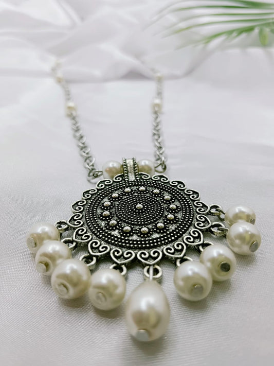 White Beaded Necklace with Metal Pendant – Single Piece