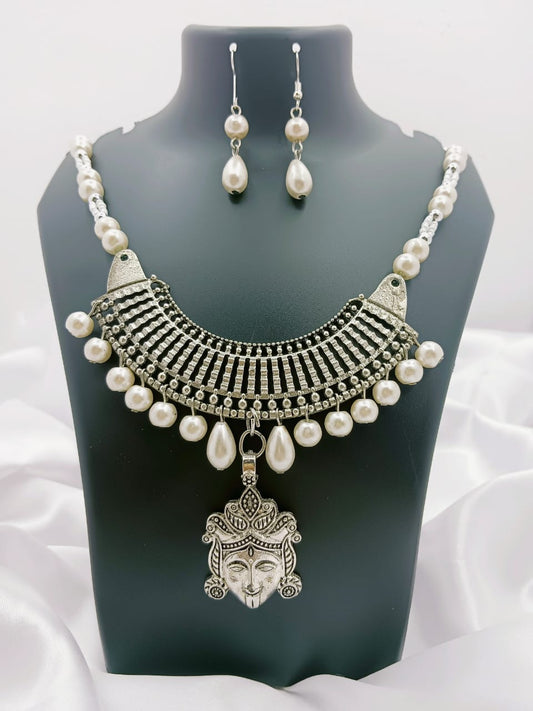 White Beaded Necklace and Metal Pendant Set